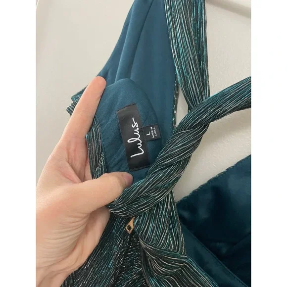 Lulus Ailey Gold and Teal Blue Skater Party Sparkle Cocktail Mini Dress‎ L - Picture 8 of 12